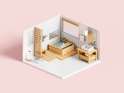 Bathhouse 3d architecture bath bathhouse bathroom illustration interior minimal render voxel