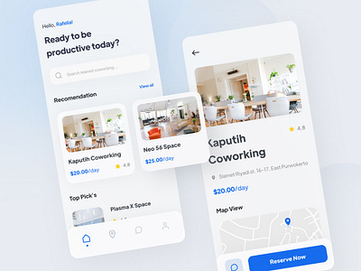 Co-Working Place Finder App app blue bookings clean co working design finder icon interface ios minimal mobile mobile ui place simple ui ui ux ui design user interface ux