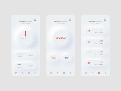 Clock Design App - Neumorphism 2020 alarm app alarm clock app clock date dates design figma grey mobile app modern neumorphic design neumorphism nice simple clean interface simple design ui uidesign white