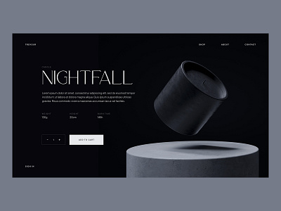 Candle Nightfall Product Detail 3d candle cinema4d class course grid hierarchy interaction interface layouts minimalistic online product page render typography ui webdesign