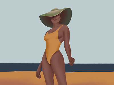 Beach vibes beach big hat black woman blue chillin chilling digital painting fashion illustration girl good vibes hot summer illustration magazine illustration photoshop relax summer swimsuit woman yellow