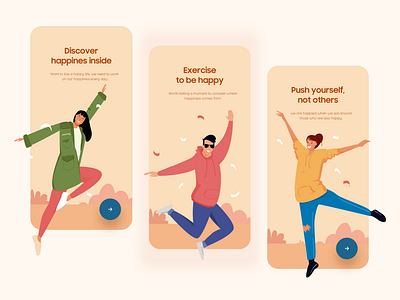 Wellness & Happiness On boarding android app design app ui colors discover gradient happiness illustration illustrations interaction mobile mobile app mobile design mobile ui onboarding onboarding screens product design typography ui design wellness