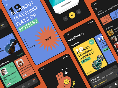 English Learning App app card cards class concept course english flat homepage homework illustraion learn learning app profile quiz set study terms vocabulary