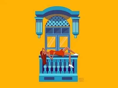 Lady In Red ❤ 2d 2d art art artwork building character color colorful design fashion fashion illustration flat girl girl illustration girly illustration illustrator old old town vector