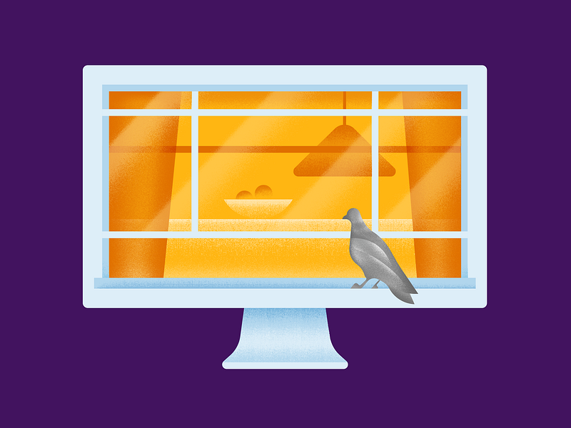 NCSC bowl breach computer curtains cyber digital editorial fruit graphic home illustration lamp minimal open pigeon reflection screen security wfh window