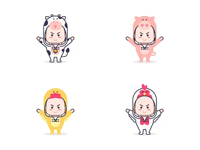 kids with animal suit sticker illustration chicken design duck flat illustration kids mascot pig suit