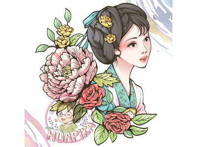 Illustration of ancient chinese girl and flowers ancient beautiful cartoon character chinese design flowers girl leaves vector woman