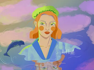 Little Dolphin and Friend clouds colorful design digital illustration digitalart dolphin illustration reflection woman illustration woman portrait