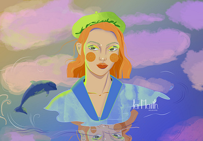Little Dolphin and Friend clouds colorful design digital illustration digitalart dolphin illustration reflection woman illustration woman portrait