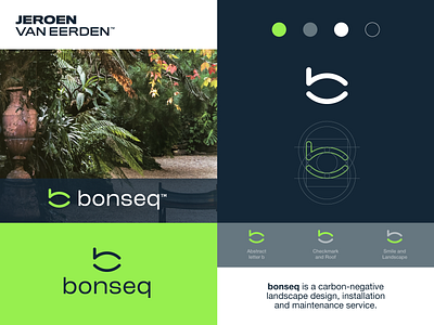 bonseq™⁣ - Logo Design 🌱 b bonseq brand identity design branding carbon checkmark creative logo garden gardener green home installation jeroen van eerden landscape logo logo design maintenance monogram nature service