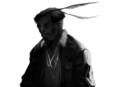 Somewhat black and white chains chatracter digital painting dirty eyes feather gold grange illustration person portrait