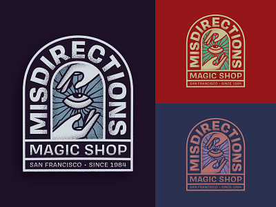Misdirections badge branding business card design enamel pin eye graphic design hands identity illustration illustrator logo magic occult playing cards san francisco texture typography vector