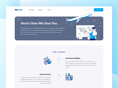 FlyLine How it Works adobe xd animation flight app flightbooking gradient how it works icons landingpage ticket booking travel agency travel website web design web interaction webpage