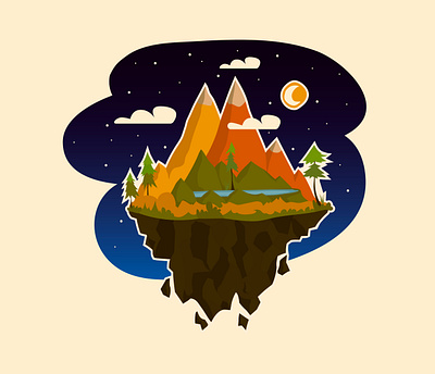 Island in the sky flat illustration island mountains night vector
