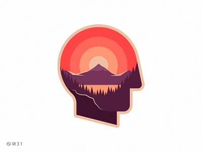 W31 - Sunset Head argentina badge forest geometric illustration lake light mountain patagonia shadow sticker sun sunset travel trip vintage woods