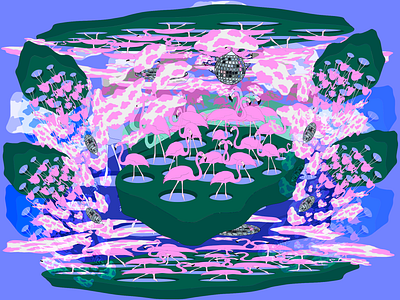 flamingo trip animals blue disco flamingo illustration pink pond psychedelic