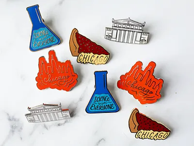 Chicago Style Enamel Pins chicago skyline enamel pins field museum hand drawn lettering works museum building pizza science is for everyone