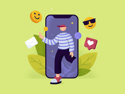 Smartphone illustration art bright colors design flat funny funny character illustration leaves likes mail phone smartphone smiles smiling face technology vector web illustration webdesign