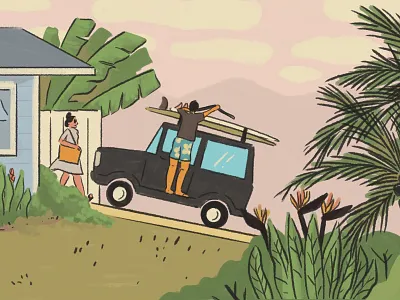 Catching a Wave aloha bird of paradise coconut trees hawaii illustration palm trees surfboards surfing travel