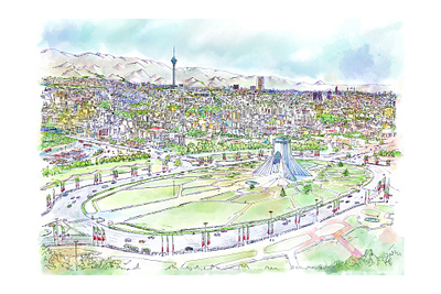 Tehran city details illustration tehran water color برج میلاد تهران