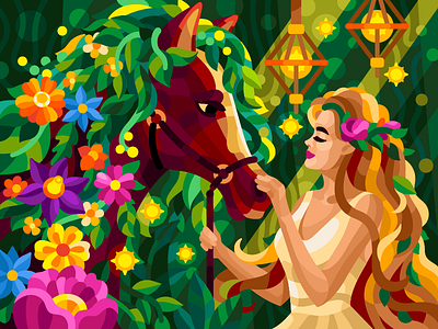 Flowering horse beautiful girl bloom coloring book elf equine fairy flowering flowers forest forest horse forest magic game illustration horse horse racing romantic summer vector illustration