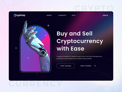 Cryptosy - Trading Cryptocurrency blockchain crypto crypto currency crypto exchange cryptocurrency dark design finance gradient landing page marketplace nft trading typography ui ux vector web website