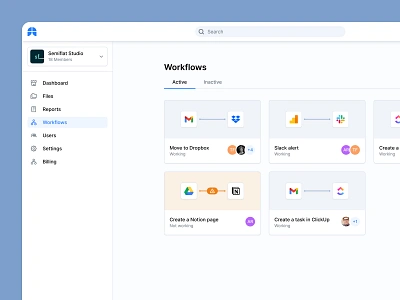 Workflows directory card card layout directory integration integration builder product design saas dashboard saas web app semiflat semiflat studio sidebar workflow automation workflow saas