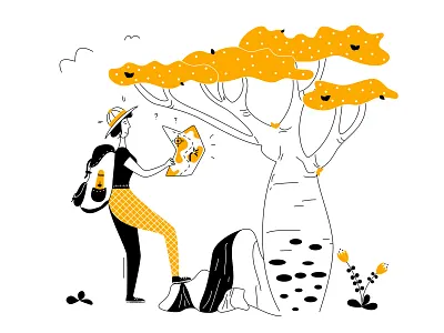 Traveler backpack baobab black design digital illustration flat flowers girl illustration map traveler tree vector vector art yellow