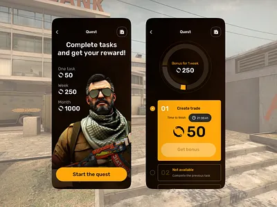 Quest of SkinSwipe - Daily Tasks + Achievments app character cs go design interface quest skin skinswipe ui uiux