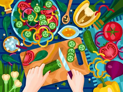 Cooking salad art artwork colorbook coloringbook cooking cucumber digital flat food game graphicdesign illustration salad tomato vector