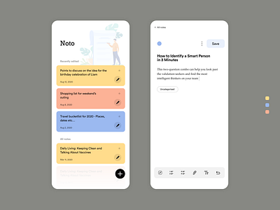 Noto | A mobile app to create / edit / manage notes appdesign minimalui mobileapp notesapp pastelcolors uidaily uidesign uiux uxdesign