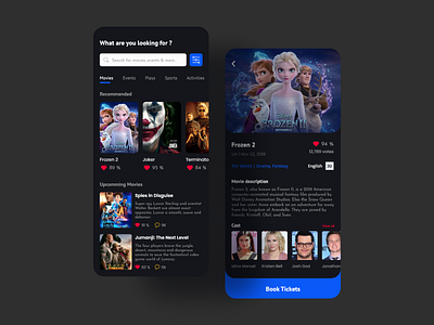 Movie Ticket Booking App (DARK MODE) appdesign dark mode dark ui design app designer interaction design minimal mobile movieapp uiuxdesign