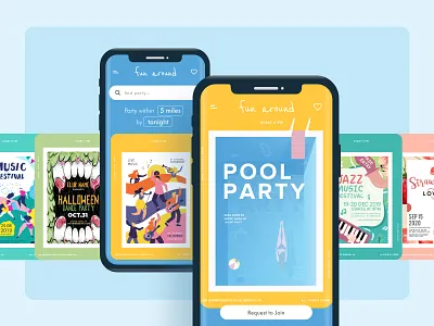 FunAround android app app concept design flat illustration ios app ios app design local app minimal party app ui ux vector website
