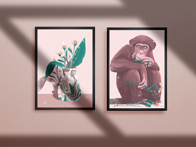together - flowers and monkey art artwork flowers illustration jungle monkey tropical