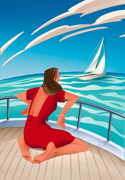 Sea art flat girl illustration ocean procreate procreate art red dress sailboat sailing sea summer textures wind yacht