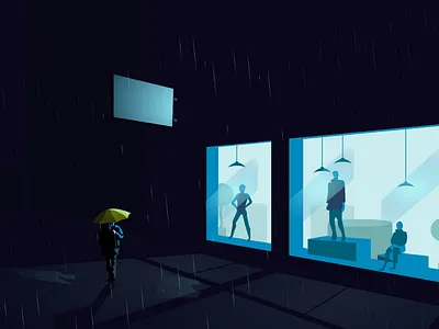 Always Open blue city city lights illustration light midnight moody neon neon lights rabbit rain rainbow rainy retail store vector walking