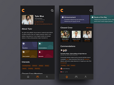 Crew App app dark app dark mode dark theme dark ui design intranet modern react react native reactjs social network ui ux