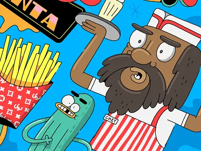 Serving HEAT art character diner drawing fast food fries illustration pickle sneakers vector