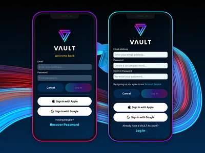 VAULT - Apple & Google Sign In app app design apple apple sign in branding button buttons google sign in log in logo onboarding product product design sign in sign up ui ui design ux ux design vault