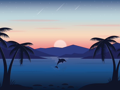 Dolphin Sunset adobe illustrator beach comet design dolphin dolphin sunset flat illustration illustrator landscape mountains ocean sunset ui vector