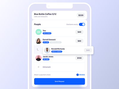 Split bills with friends | iOS app bill blue card cash clean concept creative finance fintech interface ios list mobile pay payment split transaction transparent ui ux