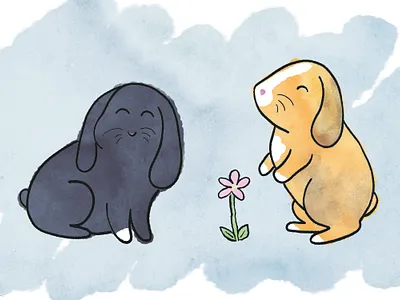 Two rabbits, a flower bunnies cartoon cute flower illustration lil noses paint pets photoshop rabbit watercolor watercolour