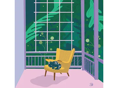 Summer night... 🐈 💫 🌱 adobe illustration adobe illustrator cat digital illustration flat illustration flatdesign foliage garden illustration sleeping summer vector vector design