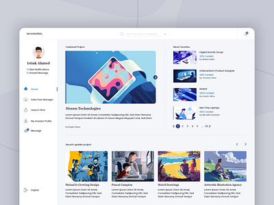 Investor home page - investorHut blog blogging site dashboard data flow manager design flow funded home page invest investor home page landing page message pagination profile search pitch trend trendty ui ui flow ux