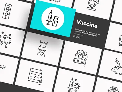 Vaccine | 16 Thin Line Icons ampoule coronavirus covid 19 hand healthcare illustration immunization inoculation medical microscope pill protection set syringe test vaccination vaccine vector vial virus