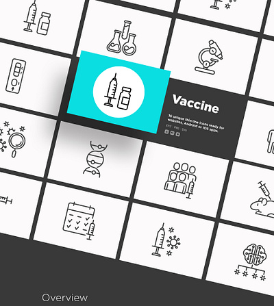 Vaccine | 16 Thin Line Icons ampoule coronavirus covid 19 hand healthcare illustration immunization inoculation medical microscope pill protection set syringe test vaccination vaccine vector vial virus