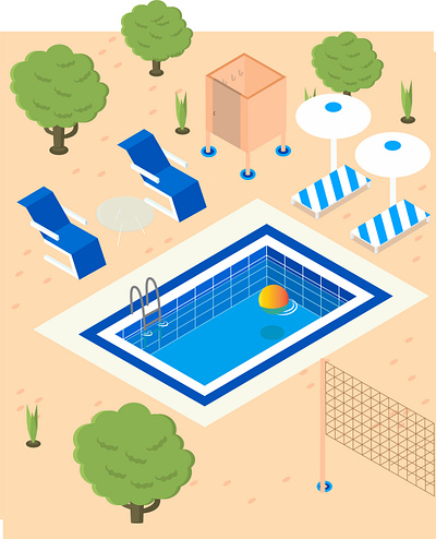 Pool party isometric illustration design education flat illustration isometric illustration pool sand vector