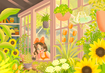 DTIS: Ghibli flowers ghibli greenhouse illustration puppy summer warm