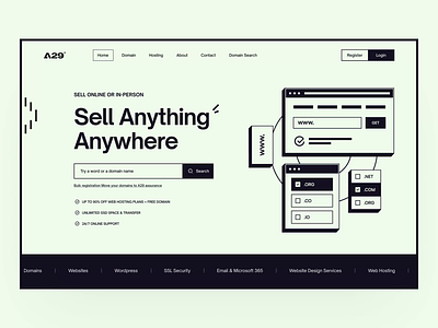A29 ✦ Domain & Hosting Landing Page animation animation hero design domain domain landing page hero design hosting hosting landing page landing page typography ui user experiencne ux web design website wireframe