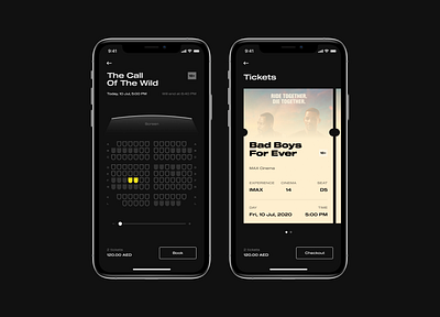 Cinema App brand design cinema app dark mode dark theme dark ui ios iphone movie tickets ux ui